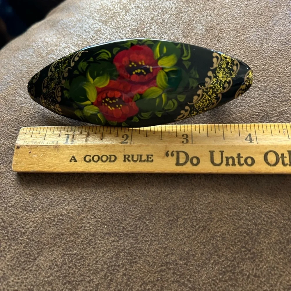 VINTAGE RUSSIAN HAND PAINTED & LACQUERED WOOD HAIR Barrette